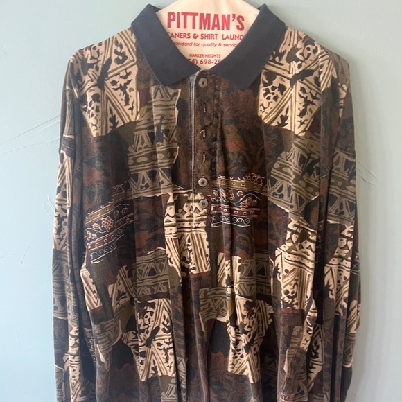 Vintage Structure Patchwork Aztec Mens Long Sleeve Polo Sz XL - Picture 1 of 7
